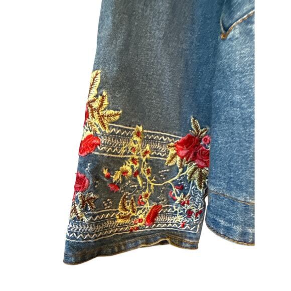 Denim & Co Embroidered Jean Jacket Blazer Floral Sleeves Floral Lining Sz M - Picture 2 of 7